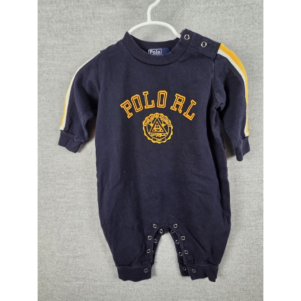 Polo Ralph Lauren Boys One Piece Romper 3-6 Mos Navy Blue Big RL Logo Stripe